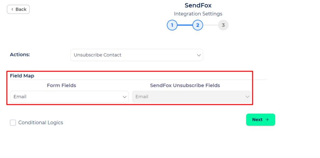 SendFox Integration with Bit Integrations - Action - Unsubscribe Contact - Field Mapping