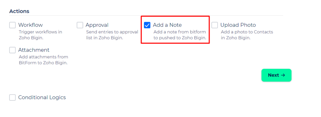 Zoho Bigin Integration with Bit Integrations - Add a Note