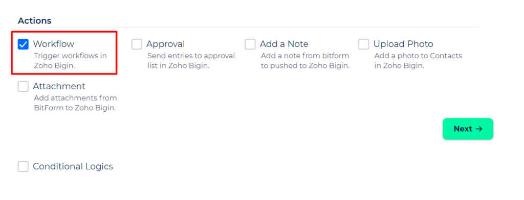 Zoho Bigin Integration with Bit Integrations - Workflow