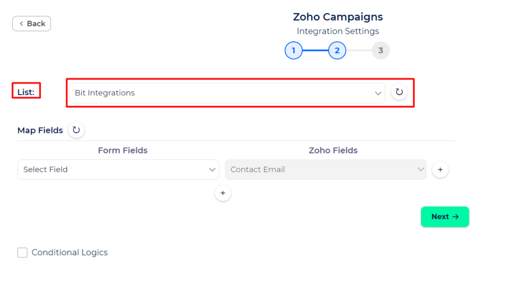 Zoho Campaigns Integration with Bit Integrations - Select List
