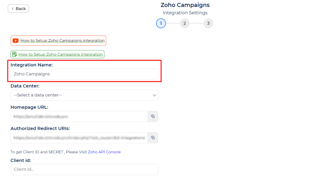Zoho Campaigns Integration with Bit Integrations - Set Integration Name