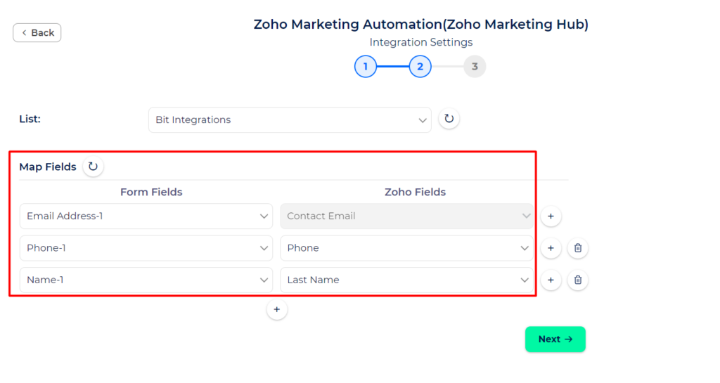 Zoho Marketing Automation Integration with Bit Integrations - Field Mapping