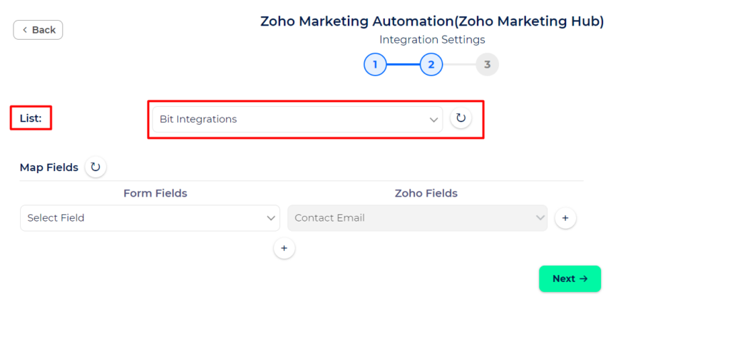 Zoho Marketing Automation Integration with Bit Integrations - Select List