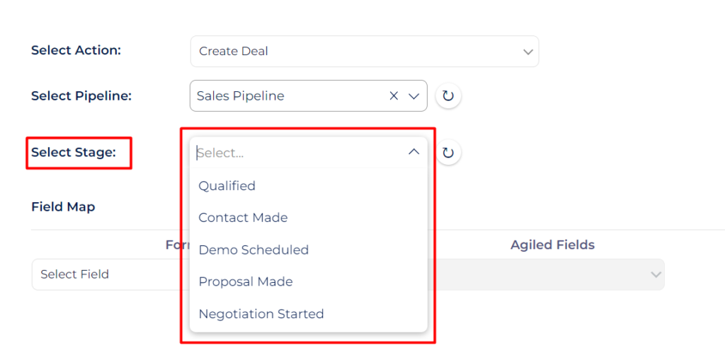 Agiled CRM - create Deal - select - stage