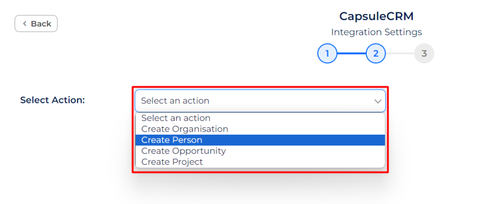 capsule CRM select an action