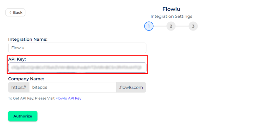 Flowlu Integrations API Key in bit integrations page