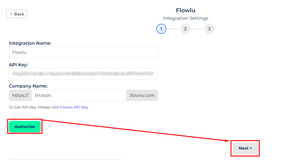 Flowlu Integrations Authorize process with bit integrations