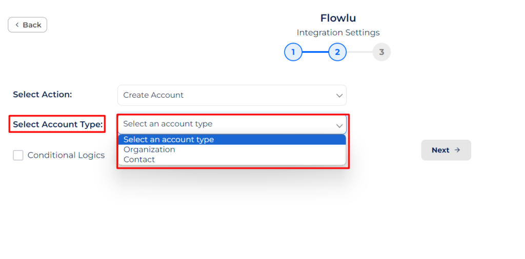 Flowlu Integrations Select Account Type