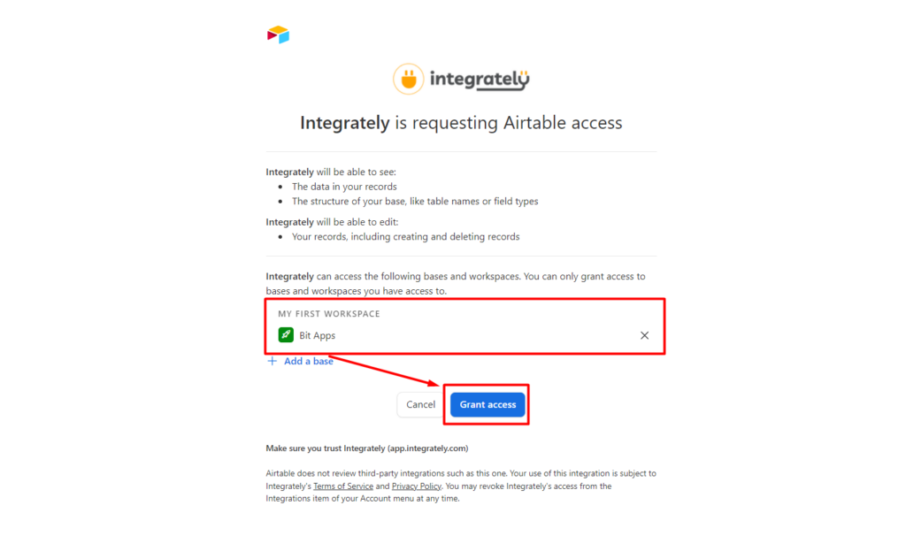 Integrately Integrations connect with airtable add a base grant access