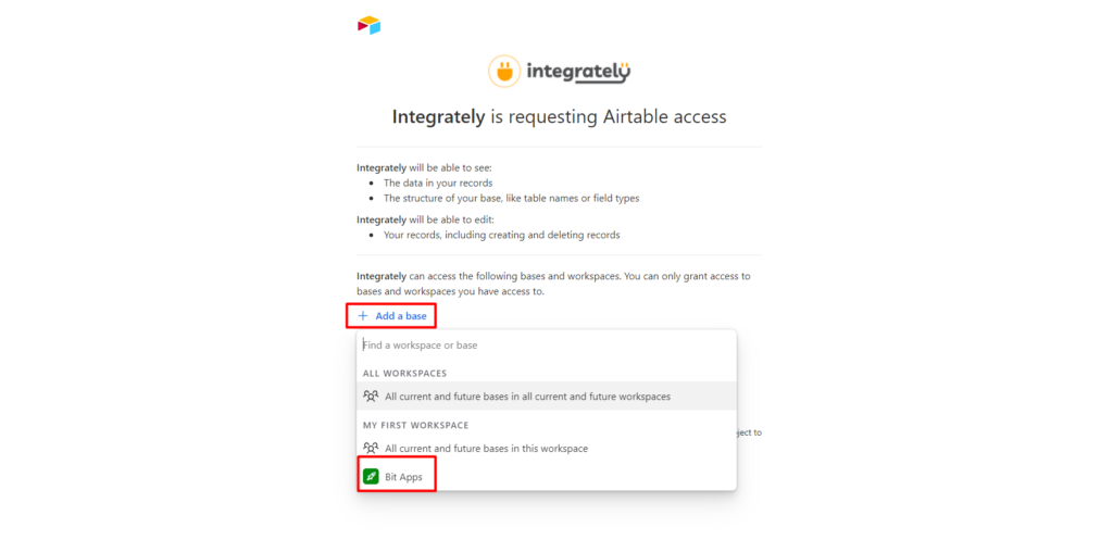 Integrately Integrations connect with airtable and add a base