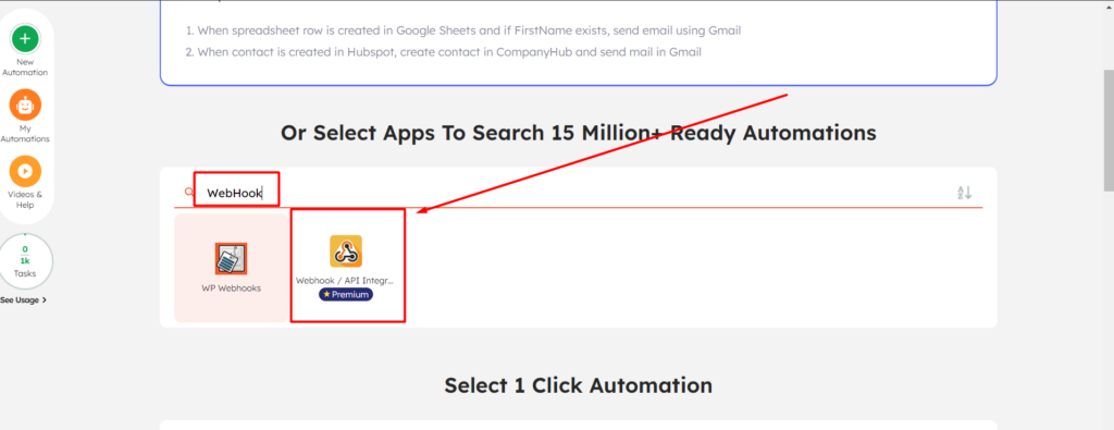 Integrately Integrations search and select Webhook