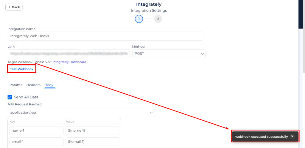 Integrately Integrations test webhook successfully