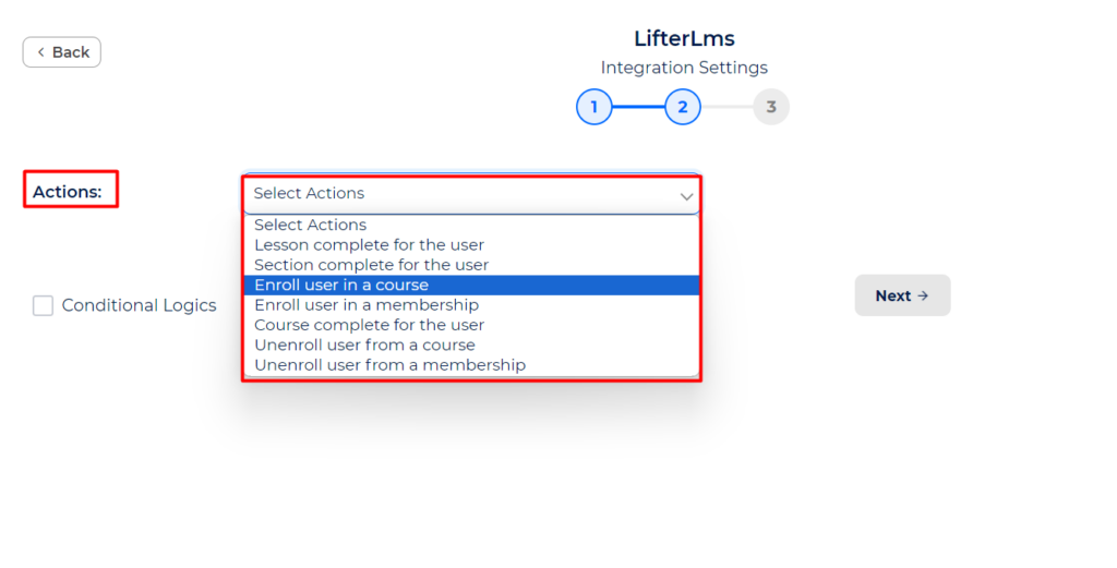 LifterLMS Integrations choose action