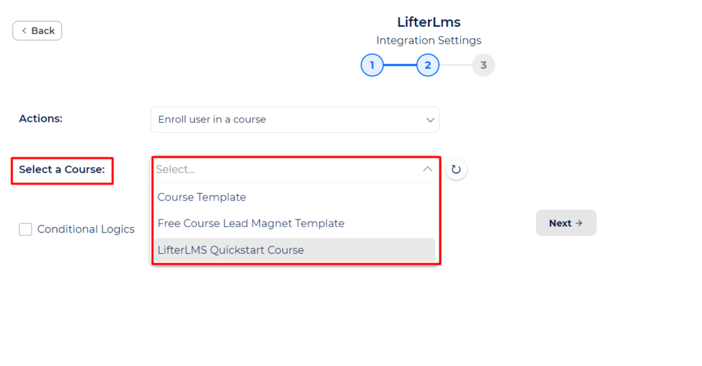 LifterLMS Integrations select a Select a Course