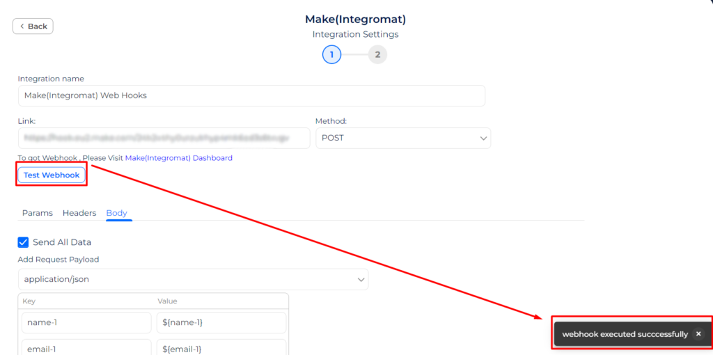 Make Integrations test Webhook executed successfully