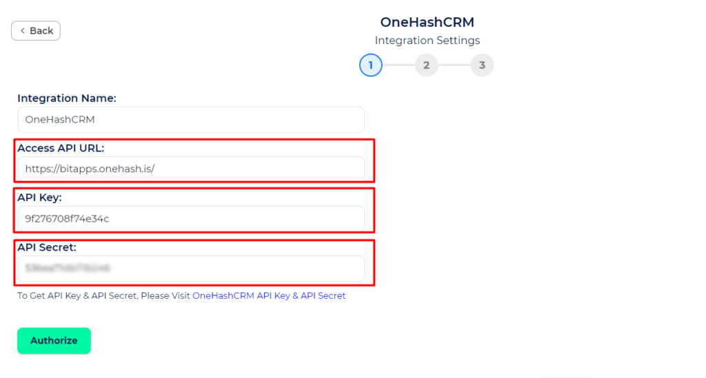 OneHash CRM Integrations Access API URL API Key API secret