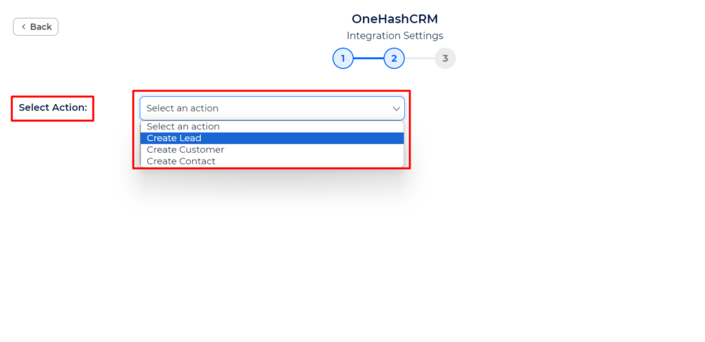 OneHash CRM Integrations select an action