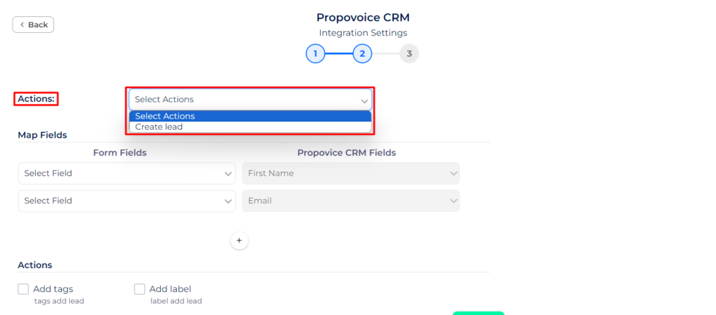 Propovoice CRM integrations choose an action