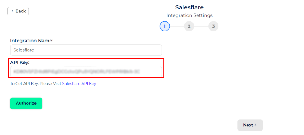 Salesflare Integrations paste API Key to the integrations page