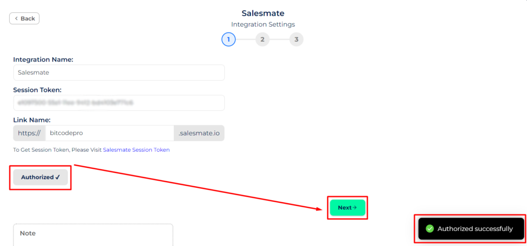 Salesmate Integrations authorization is successful
