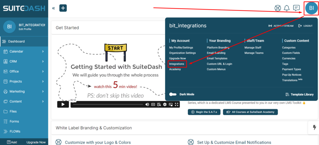 SuiteDash Integrations dashboard and integrations 
