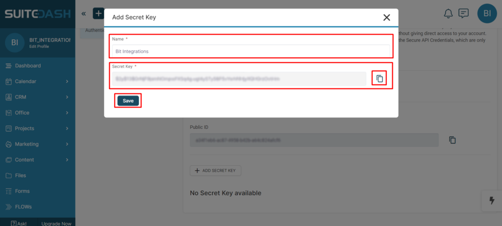 SuiteDash Integrations secret key generated