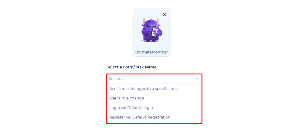 Ultimate Member Integrations select a form or task