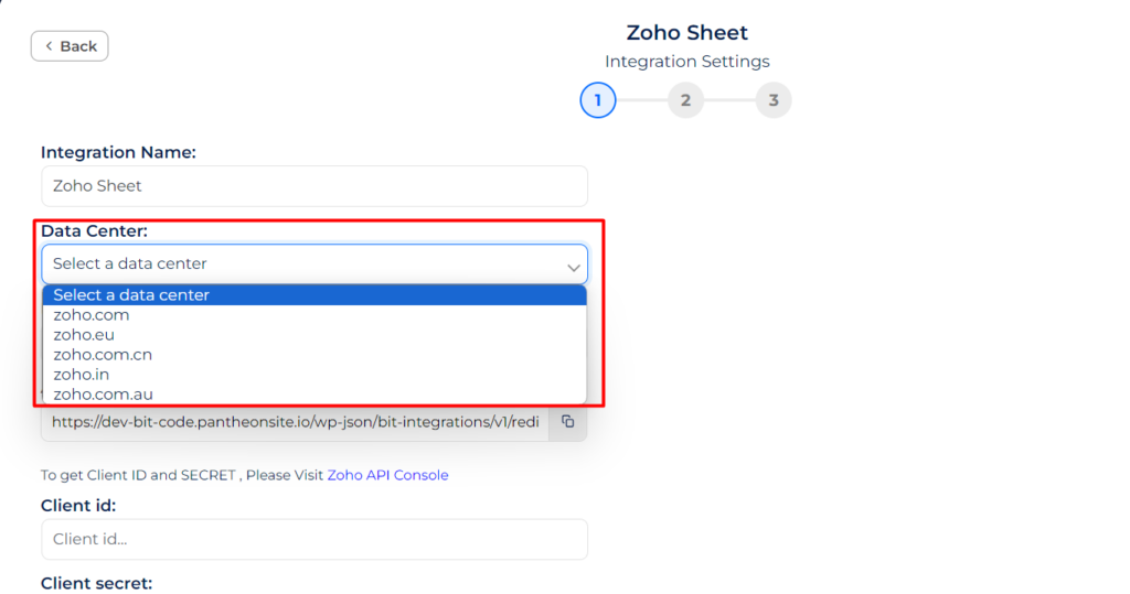 Zoho Sheet Integrations select data center