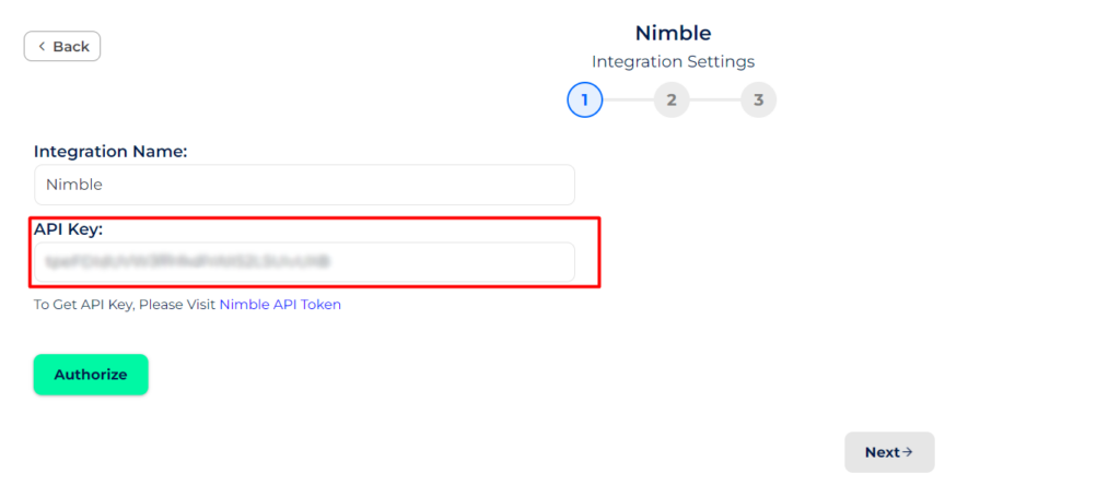 Nimble Integrations token in bit integrations