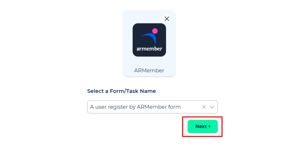 ARMember Integrations choose form or task then next