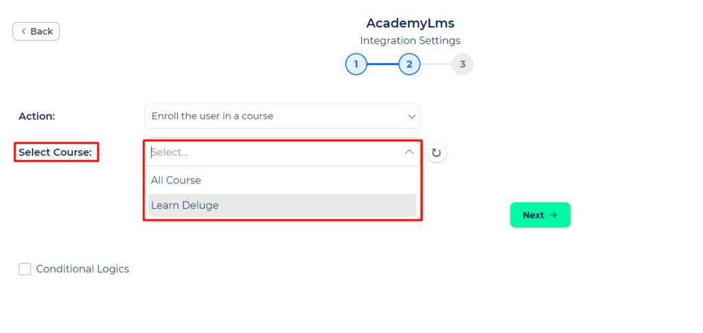 Academy LMS Integrations select a course