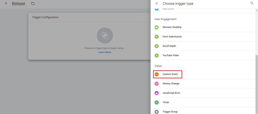Google Analytics choose trigger type custom event