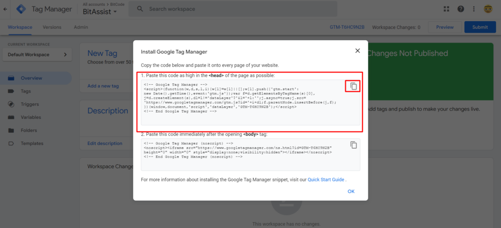 Google Analytics copy the header code and paste to your site