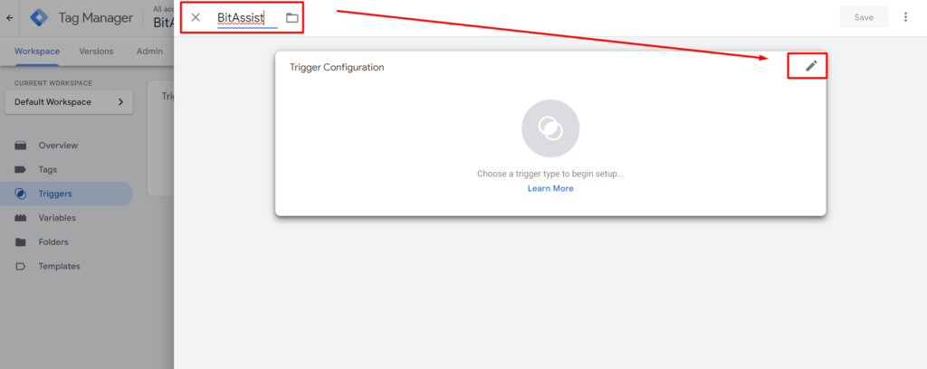 Google Analytics give a name click on trigger configuration 