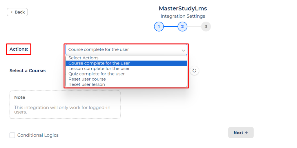 MasterStudy LMS Integrations - Action - Course complete for the User