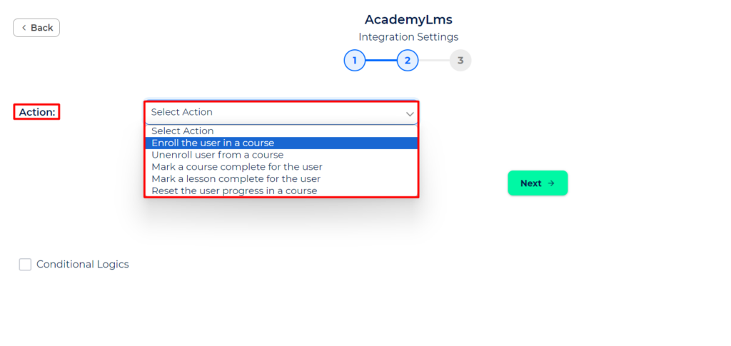 Academy LMS Integrations choose an action