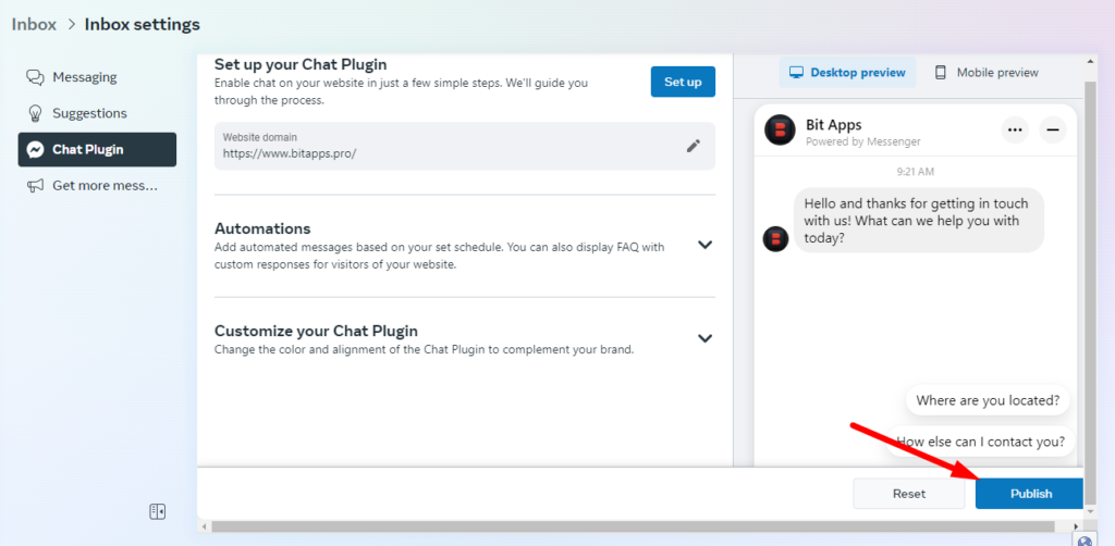 publish chat widget