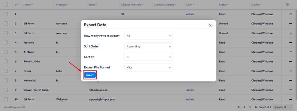 Bit Form Export Data export button