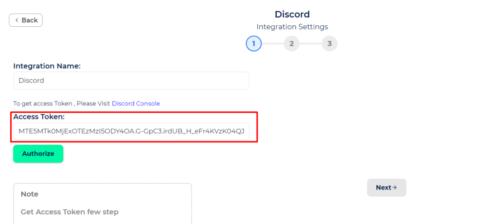 Discord Integrations paste access token