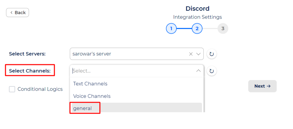 Discord Integrations select channel