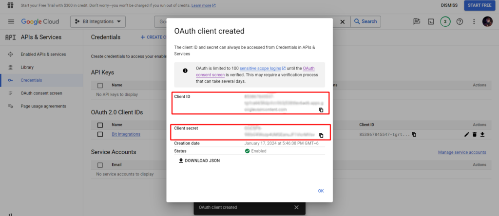 Google Sheets Integrations Copy Client ID and Client Secret