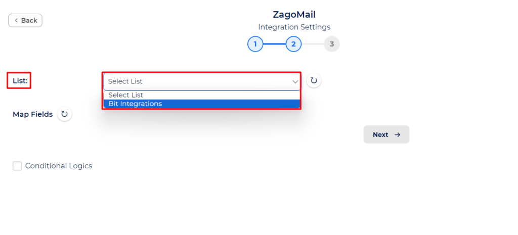 Zagomail Integrations - Select List