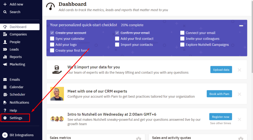 Nutshell CRM Integrations dashboard and settings