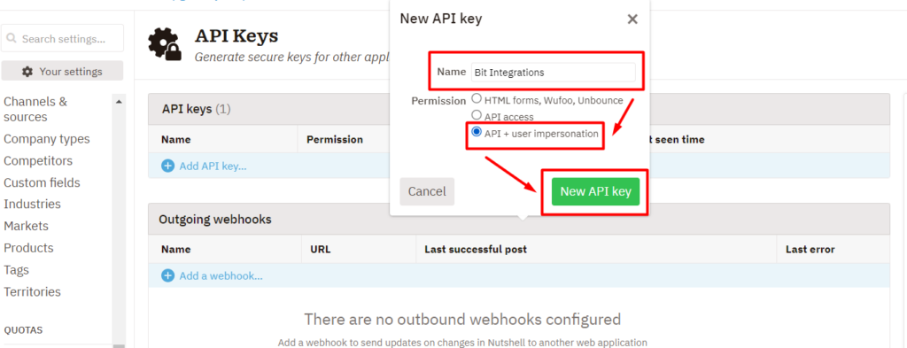 Nutshell CRM Integrations create API Key