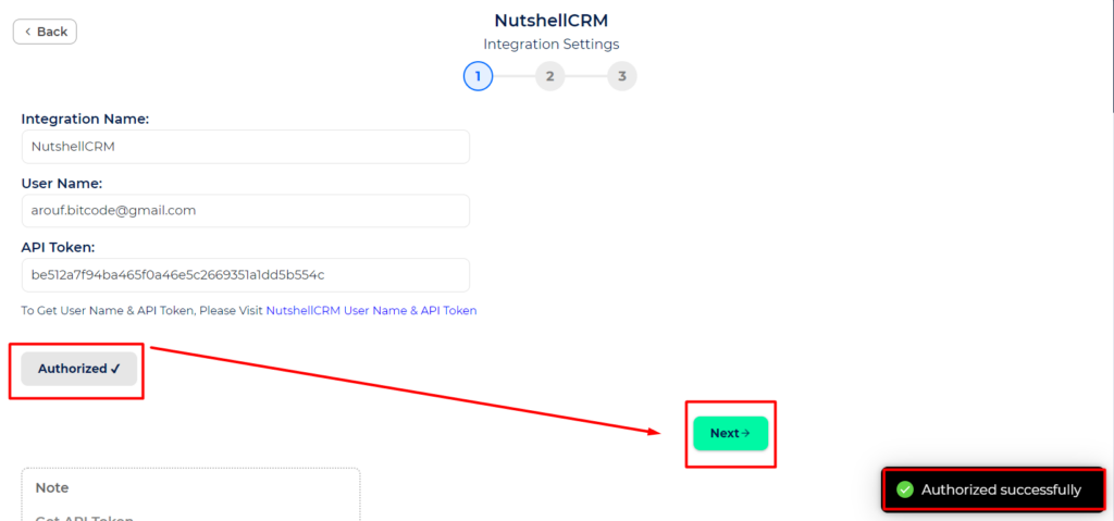 Nutshell CRM Integrations authorization is success