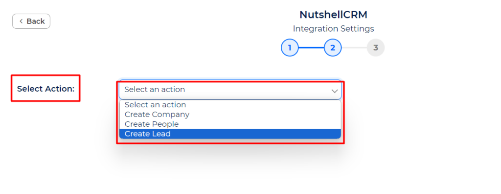 Nutshell CRM Integrations select an action, create lead in Nushell CRM