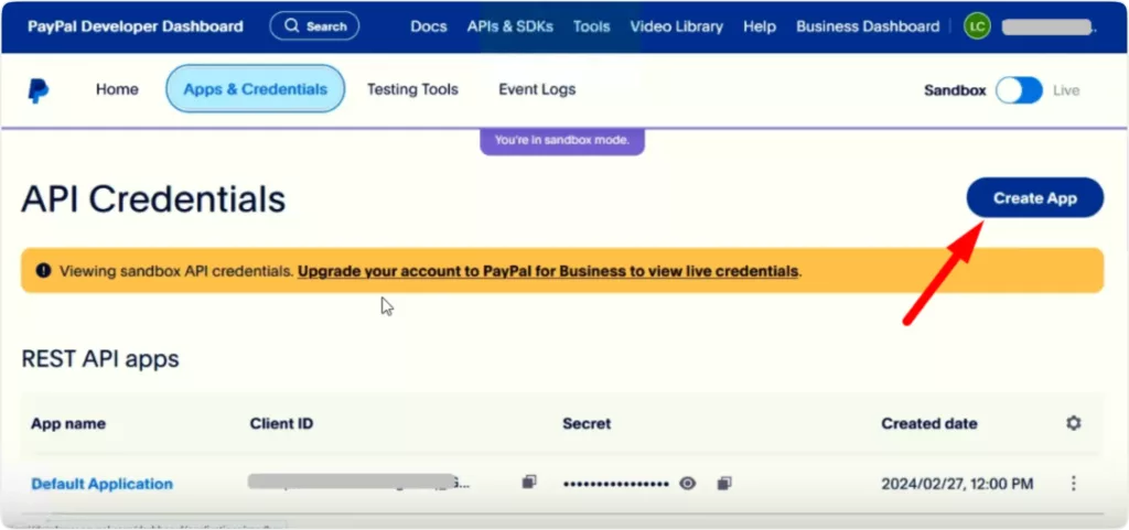 Create a new app in PayPal developer account
