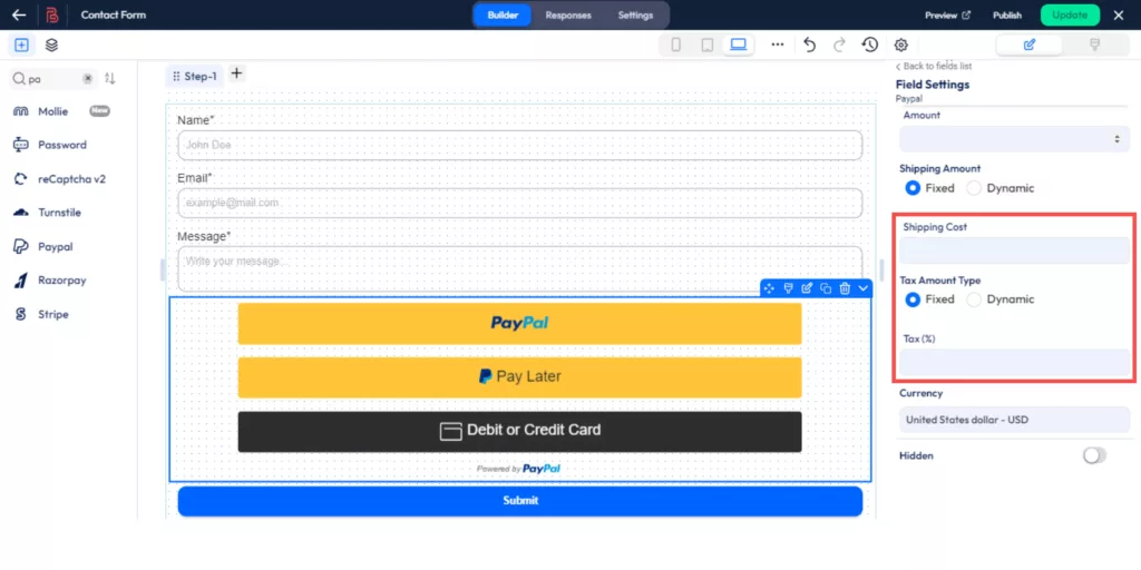 Set shipping cost and Tax using Bit Form