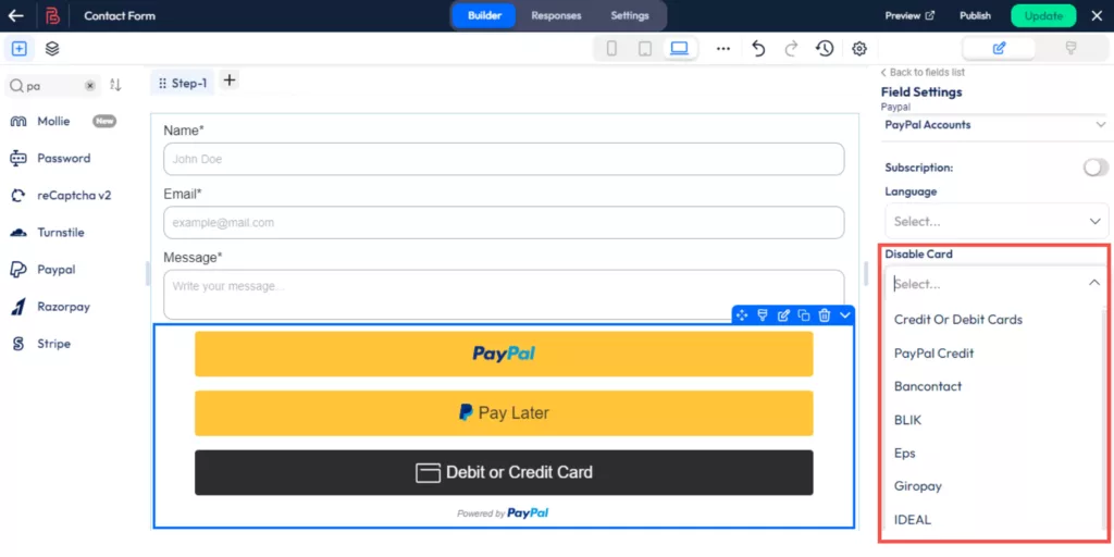 you can disable card you don't wish to accept using Bit form
