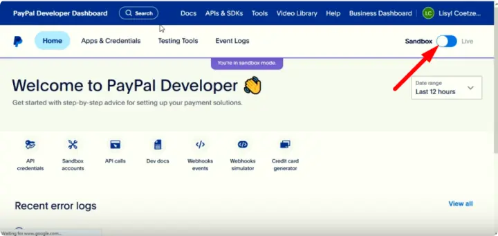 Choose sendbox or live mood in PayPal developer account